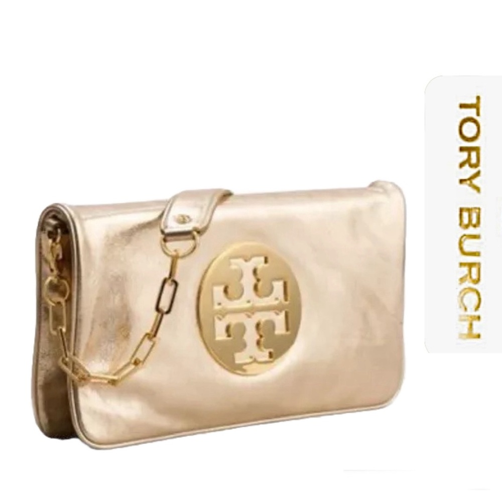 SOLD!!Tory Burch Metallic Gold Leather Reva Chain Shoulder Bag / Clutch w/ COA - Picture 15 of 16